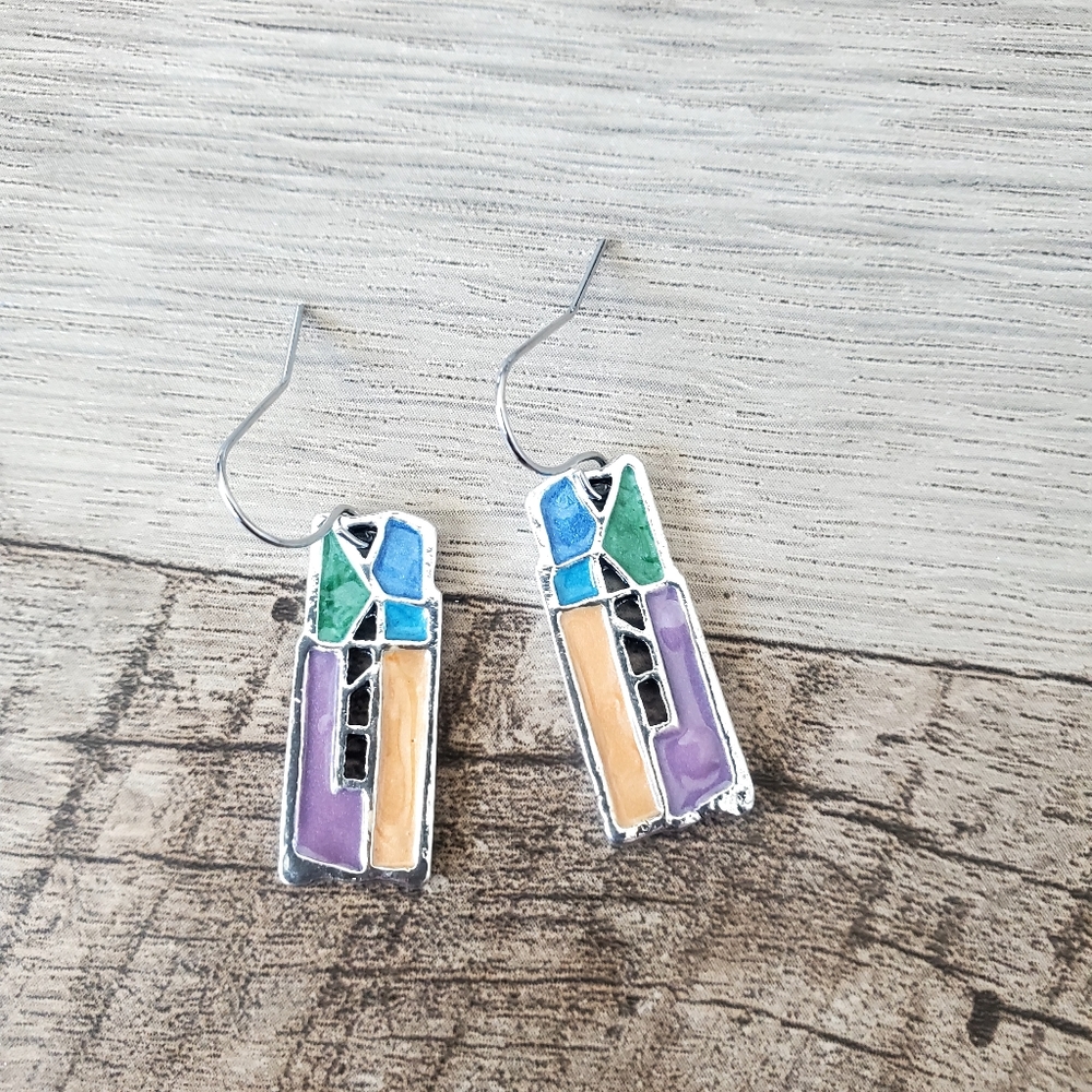 Colorful Stained Glass Sterling Silver Plated Drop Earrings, NWT
